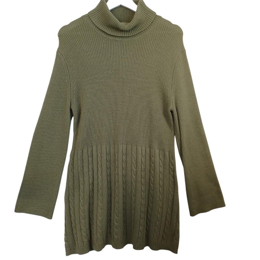 Soft Surroundings Olive Green Wool Cashmere Rib Cable Knit Turtleneck Sweater M